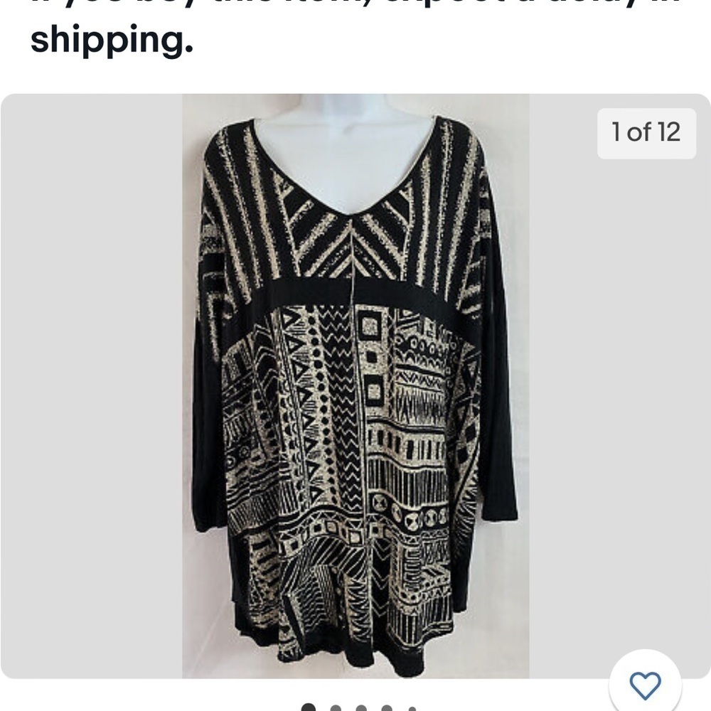Edista Plus Size 1X Black/Cream Aztec Graphic Top 3/4 Sleeve V-Neck Back Slit.
